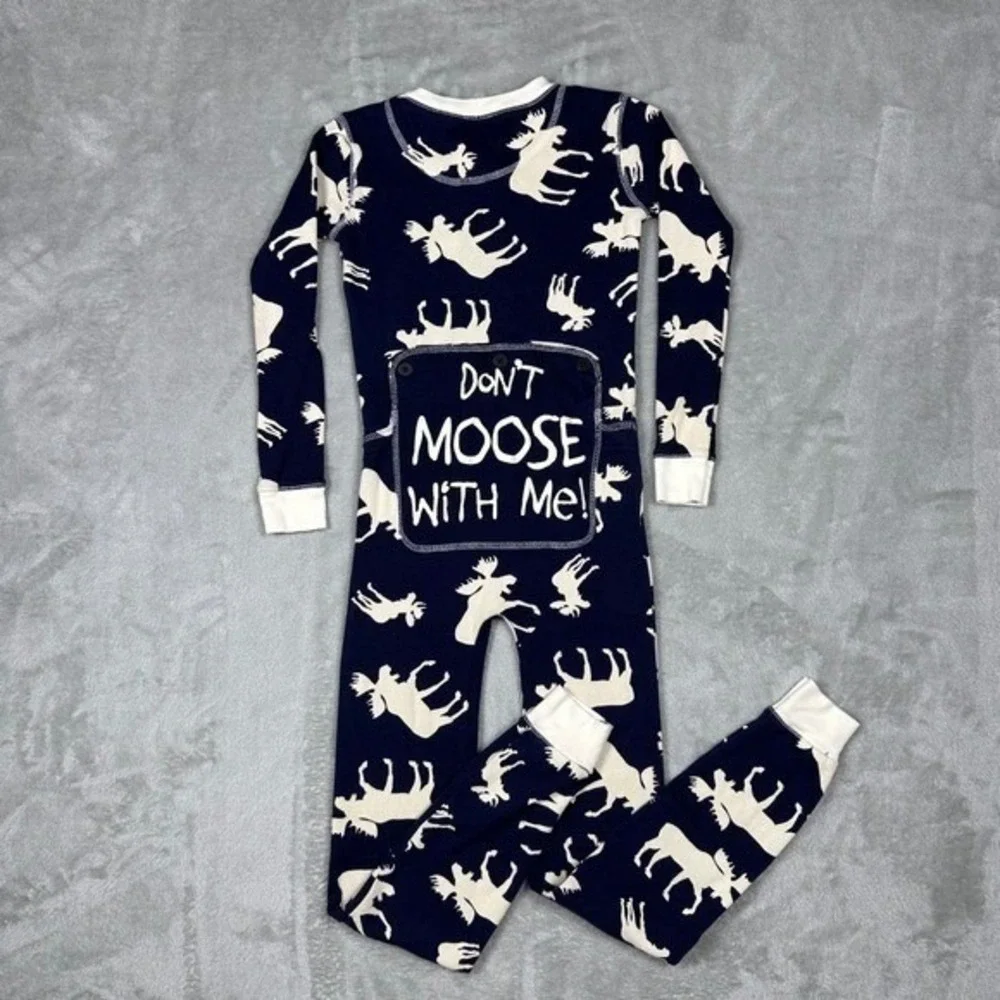 Lazy‎ One Kids Blue Moose Flapjacks Pajamas One Piece Size 8 Sleepwear